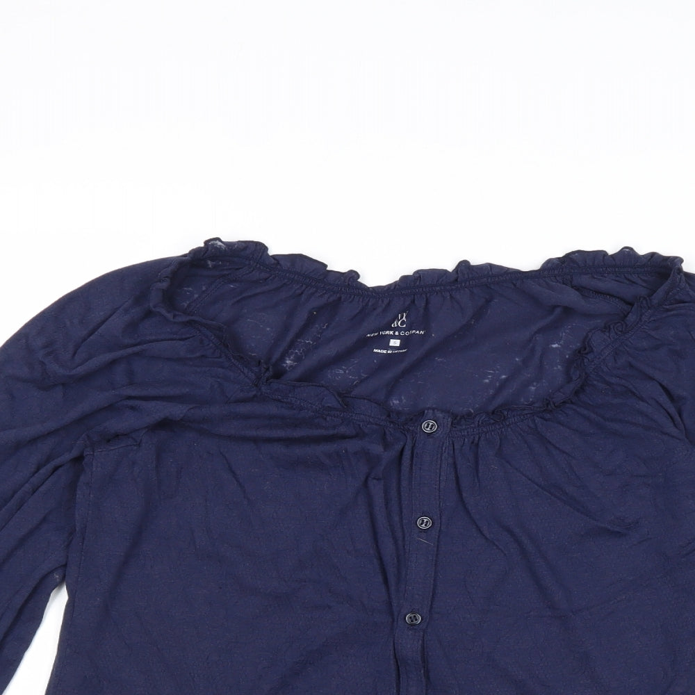 New York & Company Womens Blue Cotton Basic Button-Up Size S Round Neck