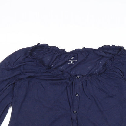New York & Company Womens Blue Cotton Basic Button-Up Size S Round Neck