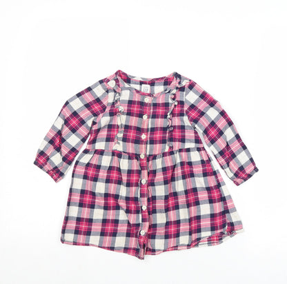 Gap Girls Pink Plaid 100% Cotton Shirt Dress Size 2 Years Round Neck Button