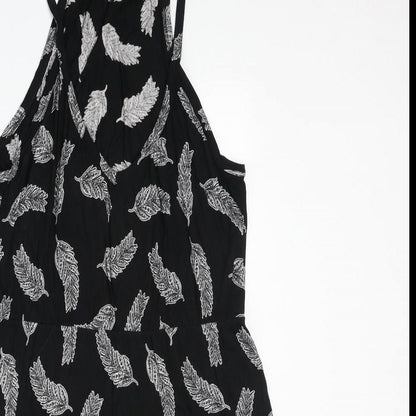 H&M Womens Black Geometric Viscose A-Line Size M V-Neck Pullover - Feather Pattern