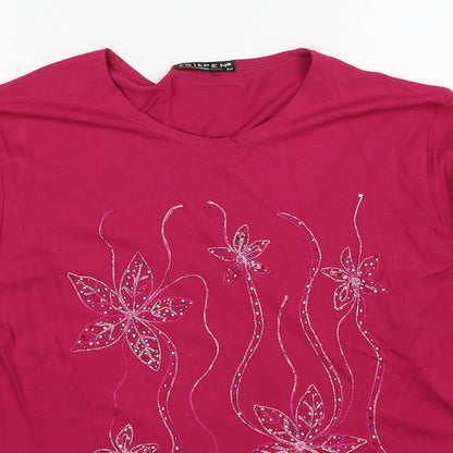 Tri&Pen Womens Pink Polyester Basic Blouse Size M Round Neck - Flower Detail