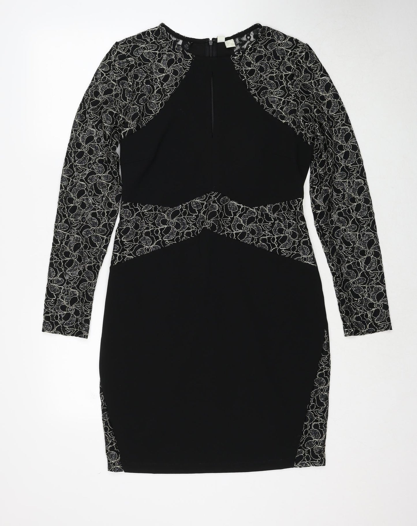 Body Flirt Womens Black Geometric Polyester A-Line Size M Round Neck Zip