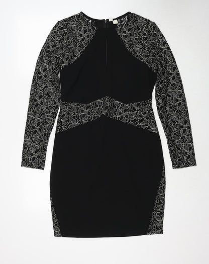Body Flirt Womens Black Geometric Polyester A-Line Size M Round Neck Zip