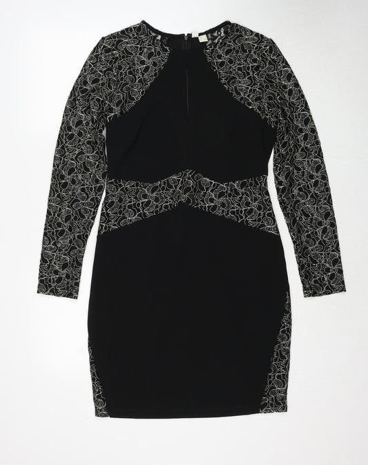 Body Flirt Womens Black Geometric Polyester A-Line Size M Round Neck Zip