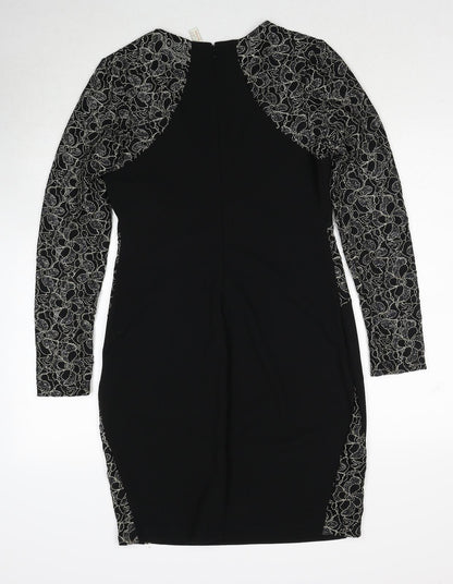 Body Flirt Womens Black Geometric Polyester A-Line Size M Round Neck Zip
