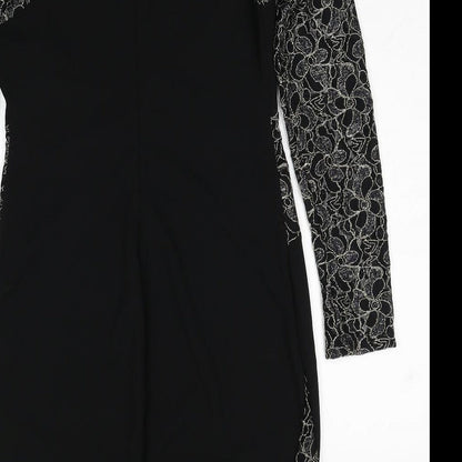 Body Flirt Womens Black Geometric Polyester A-Line Size M Round Neck Zip