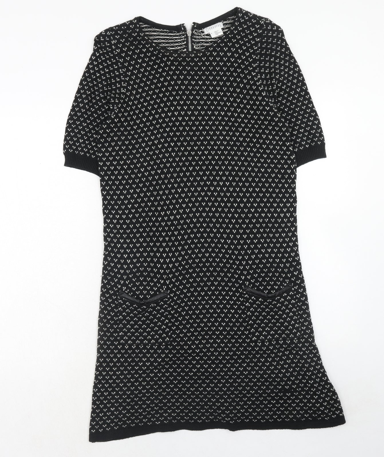 Cooperative Womens Black Geometric Cotton Jumper Dress Size L Round Neck Zip