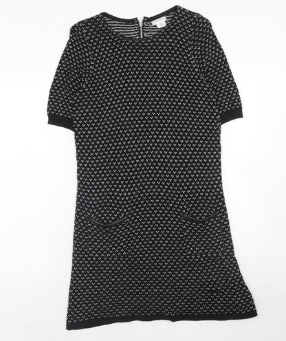 Cooperative Womens Black Geometric Cotton Jumper Dress Size L Round Neck Zip