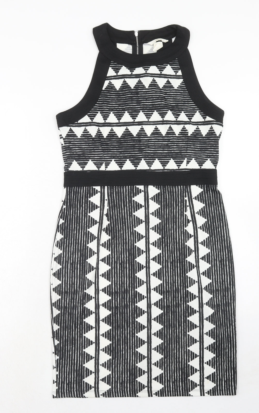H&M Womens Black Geometric Polyester Bodycon Size M Round Neck Zip