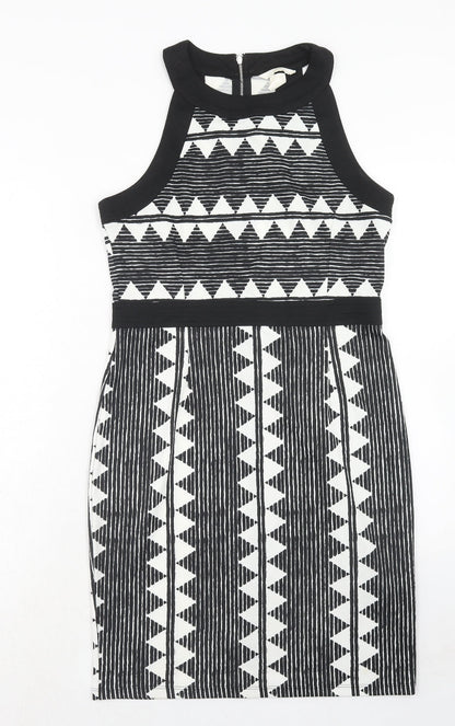 H&M Womens Black Geometric Polyester Bodycon Size M Round Neck Zip