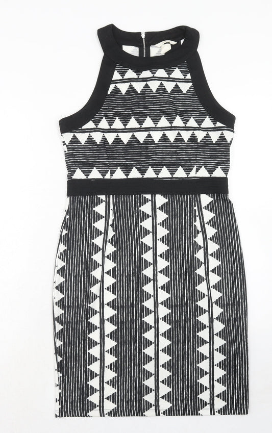 H&M Womens Black Geometric Polyester Bodycon Size M Round Neck Zip