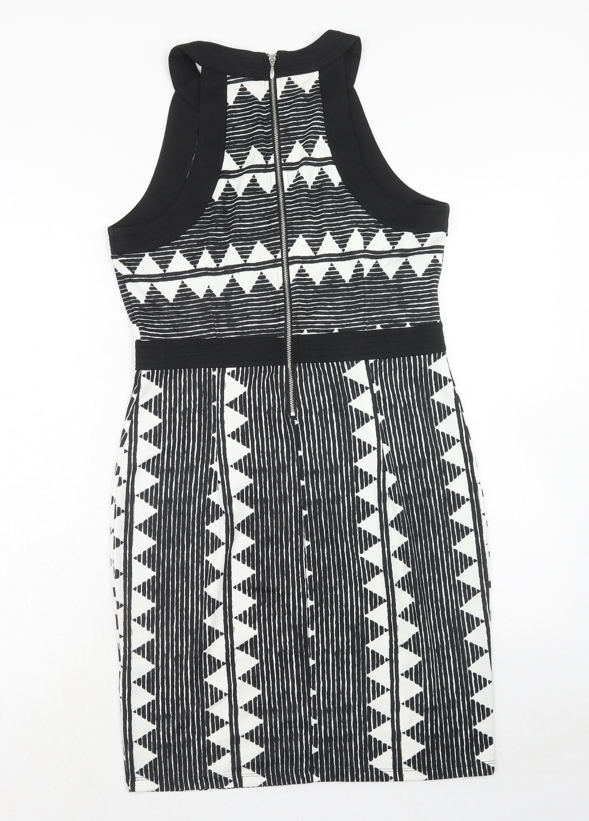 H&M Womens Black Geometric Polyester Bodycon Size M Round Neck Zip