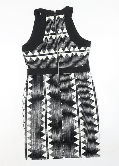 H&M Womens Black Geometric Polyester Bodycon Size M Round Neck Zip