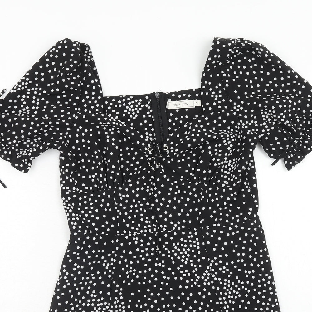 VERA & LUCY Womens Black Geometric Polyester A-Line Size S Square Neck Zip