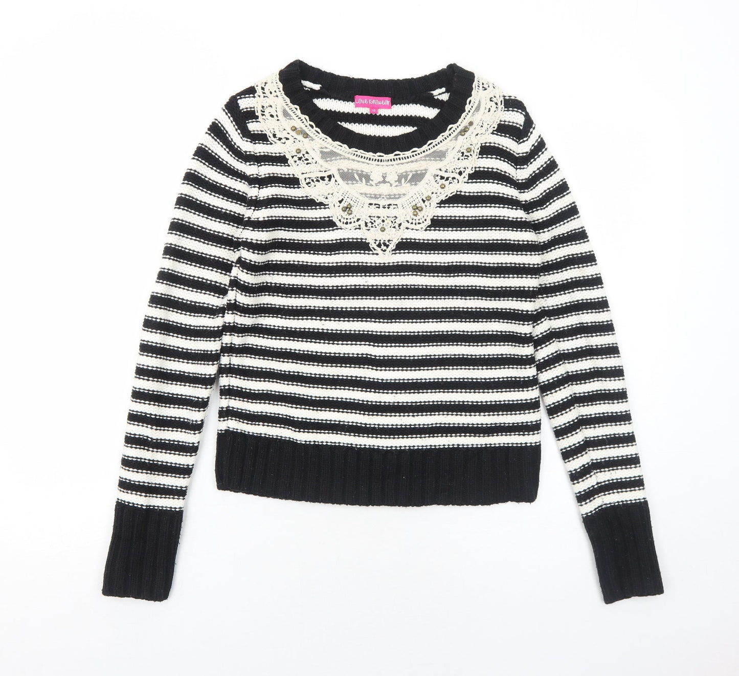 Love Knitwear Womens Black Round Neck Striped Acrylic Pullover Jumper Size 10