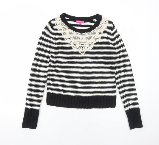 Love Knitwear Womens Black Round Neck Striped Acrylic Pullover Jumper Size 10