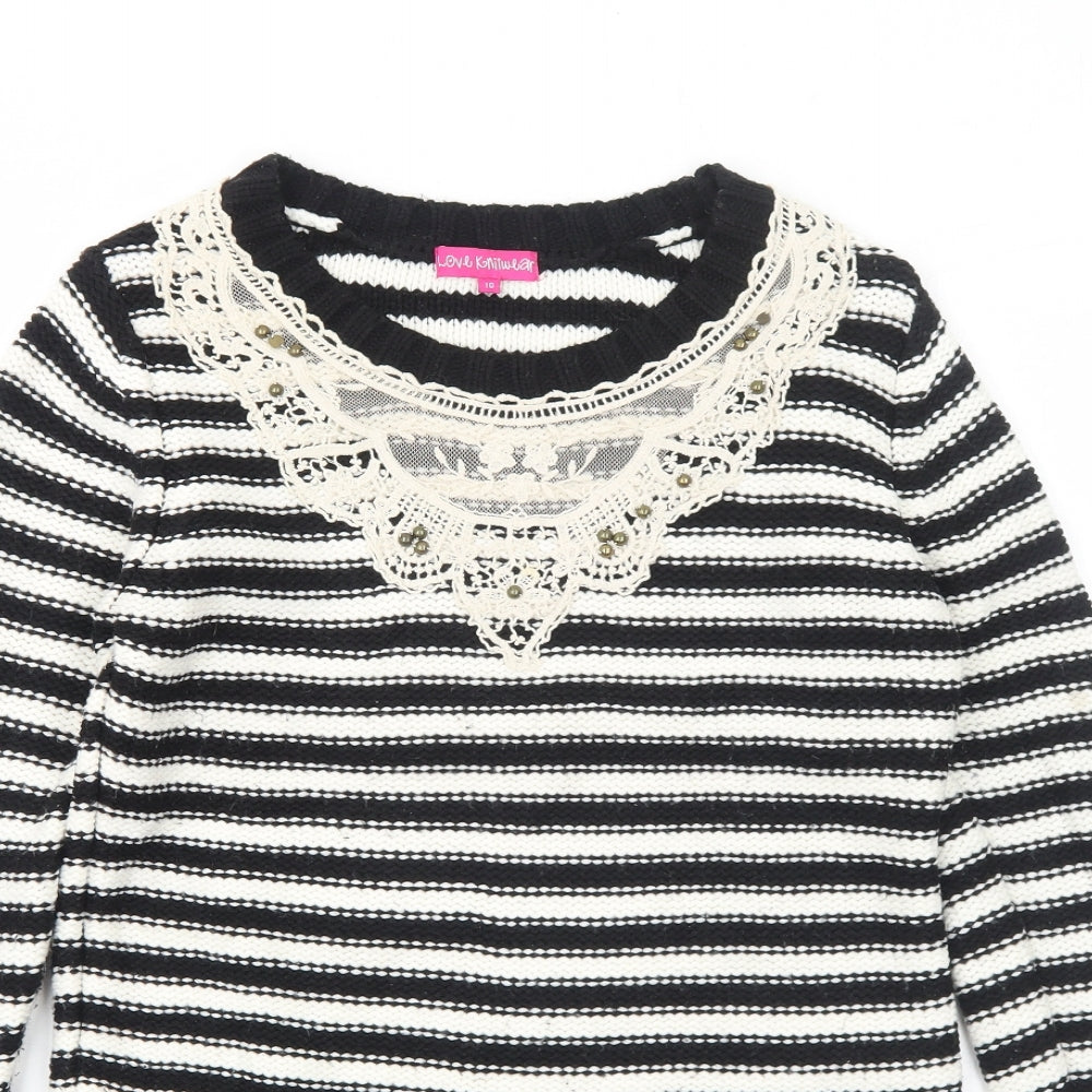 Love Knitwear Womens Black Round Neck Striped Acrylic Pullover Jumper Size 10