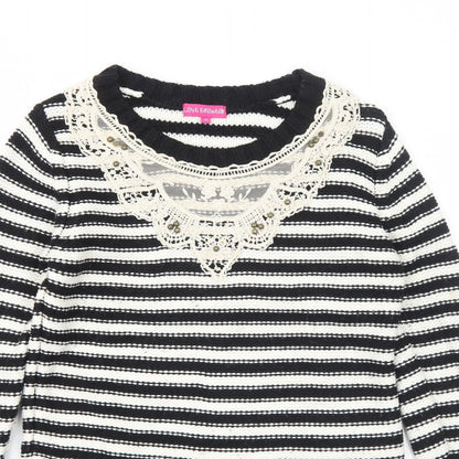 Love Knitwear Womens Black Round Neck Striped Acrylic Pullover Jumper Size 10