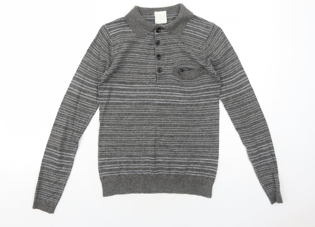 Self Womens Grey Collared Striped Acrylic Pullover Jumper Size S