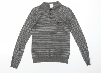 Self Womens Grey Collared Striped Acrylic Pullover Jumper Size S