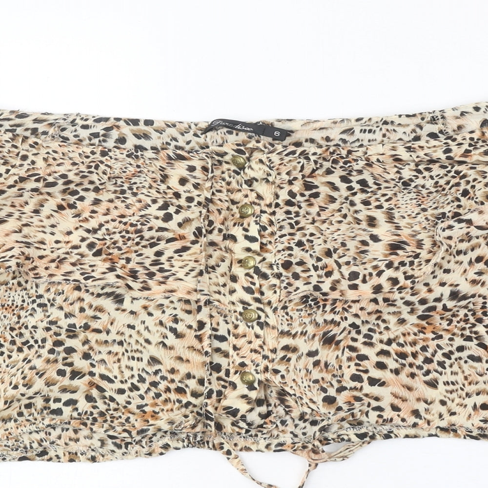 Paradisa Womens Brown Animal Print Polyester Cropped Blouse Size 6 Off the Shoulder - Leopard Pattern