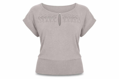 Mystic Womens Beige Geometric Acrylic Basic Blouse Size M Round Neck