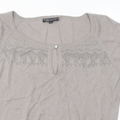 Mystic Womens Beige Geometric Acrylic Basic Blouse Size M Round Neck