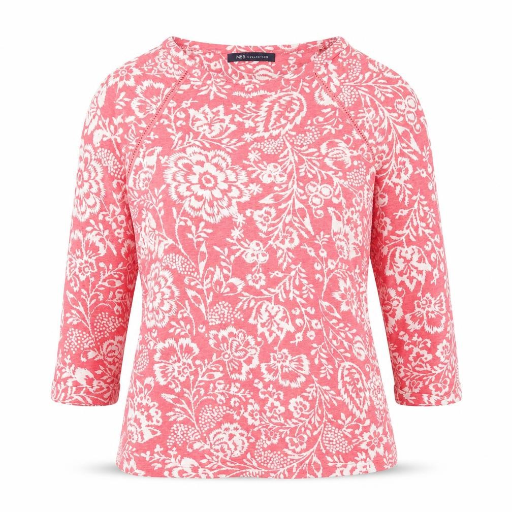 Marks and Spencer Womens Pink Floral Polyester Basic Blouse Size 8 Round Neck