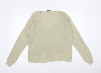 Boohoo Womens Beige V-Neck Acrylic Pullover Jumper Size M