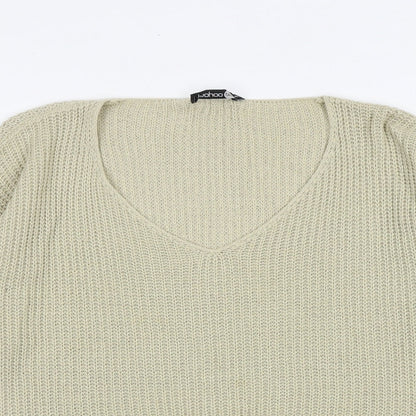 Boohoo Womens Beige V-Neck Acrylic Pullover Jumper Size M