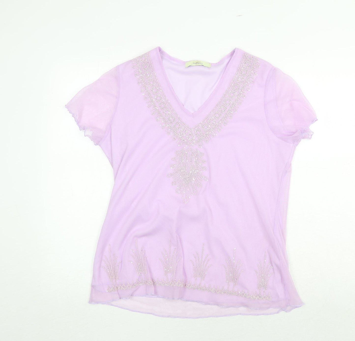 Classics Womens Purple Polyamide Basic T-Shirt Size 14 V-Neck