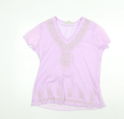 Classics Womens Purple Polyamide Basic T-Shirt Size 14 V-Neck