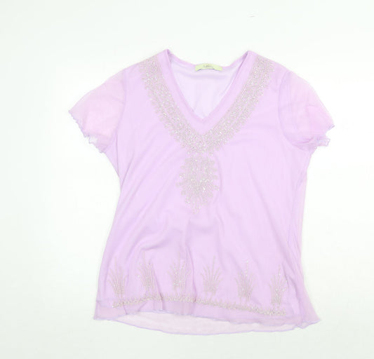 Classics Womens Purple Polyamide Basic T-Shirt Size 14 V-Neck