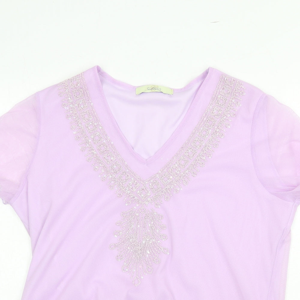 Classics Womens Purple Polyamide Basic T-Shirt Size 14 V-Neck