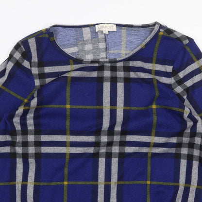 Apricot Womens Blue Plaid Polyester Trapeze & Swing Size 12 Round Neck Pullover