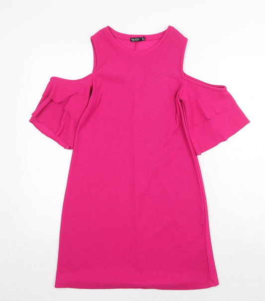 Bershka Womens Pink Polyester A-Line Size S Round Neck Pullover - Cold Shoulder