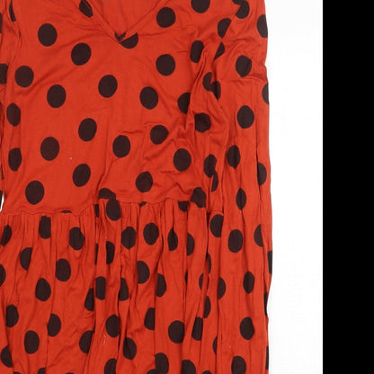 Boohoo Womens Orange Polka Dot Polyester Mini Size 8 V-Neck Pullover