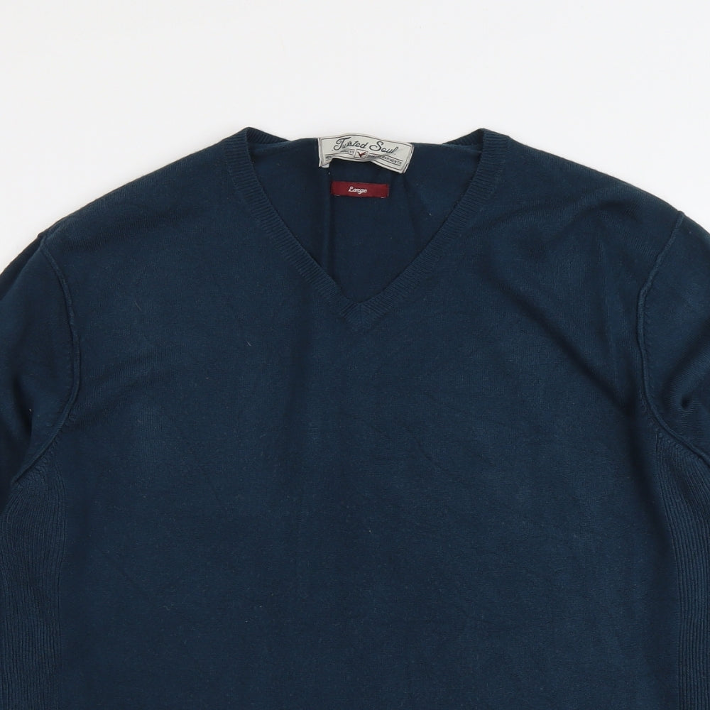 Twisted Soul Mens Blue Round Neck Acrylic Pullover Jumper Size L Long Sleeve