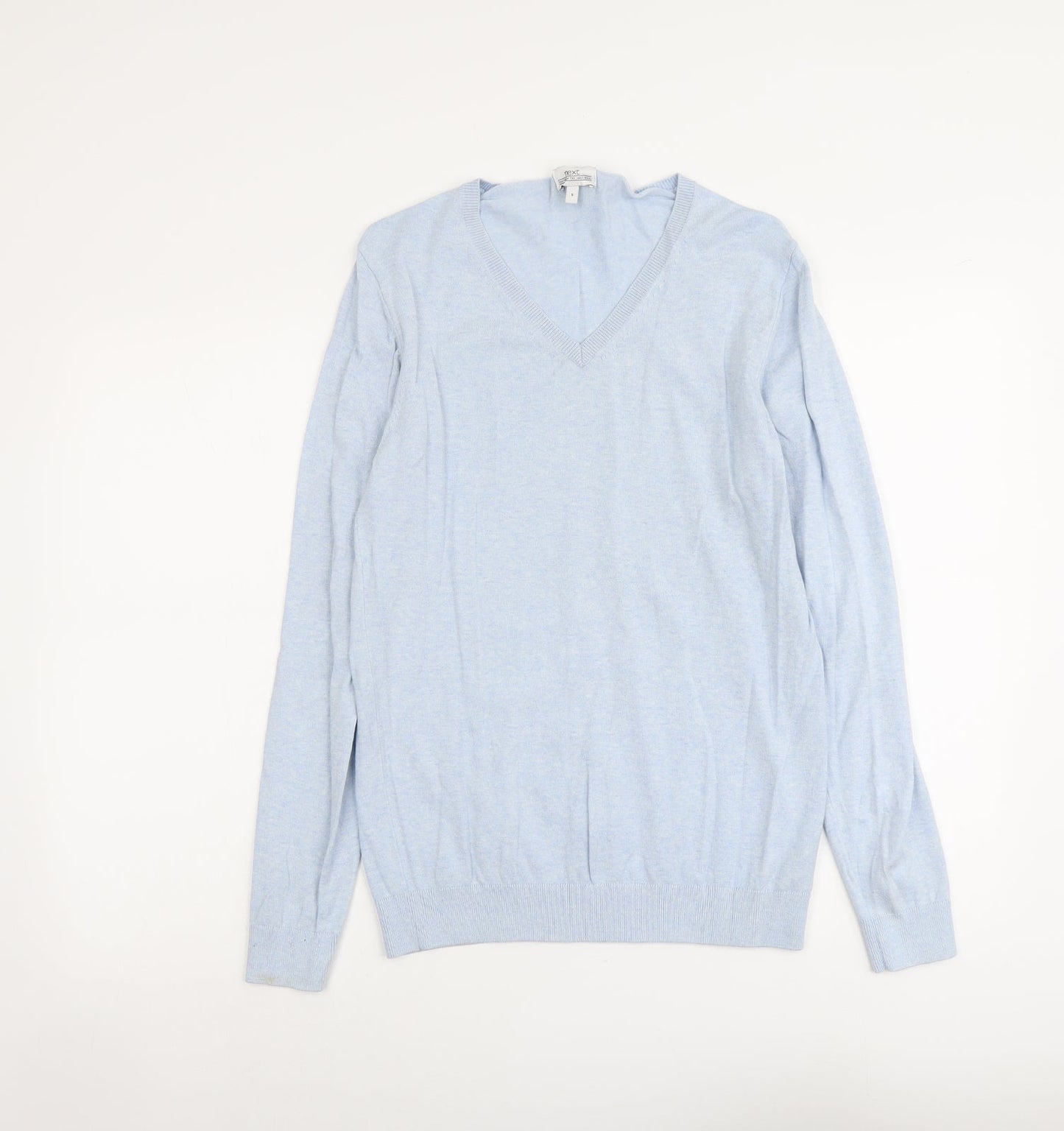 NEXT Mens Blue V-Neck Cotton Pullover Jumper Size S Long Sleeve