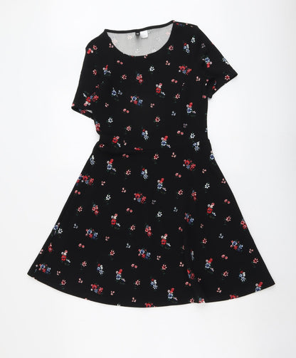 H&M Womens Black Floral Polyester Fit & Flare Size 8 Round Neck Pullover