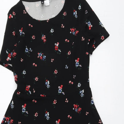 H&M Womens Black Floral Polyester Fit & Flare Size 8 Round Neck Pullover