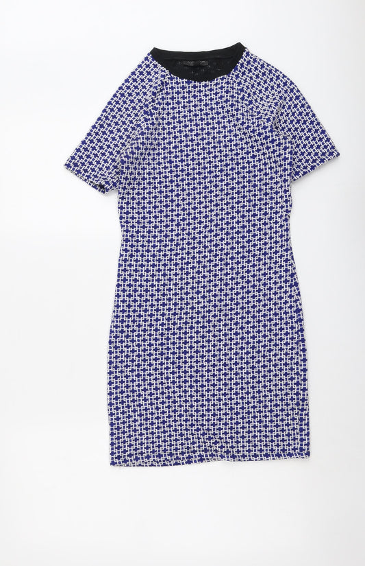 Topshop Womens Blue Geometric Polyester A-Line Size 8 Round Neck Pullover