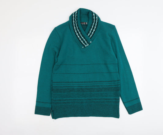 Envy Womens Green V-Neck Striped Acrylic Pullover Jumper Size XS