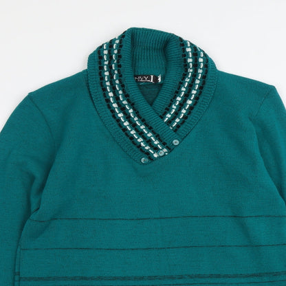 Envy Womens Green V-Neck Striped Acrylic Pullover Jumper Size XS