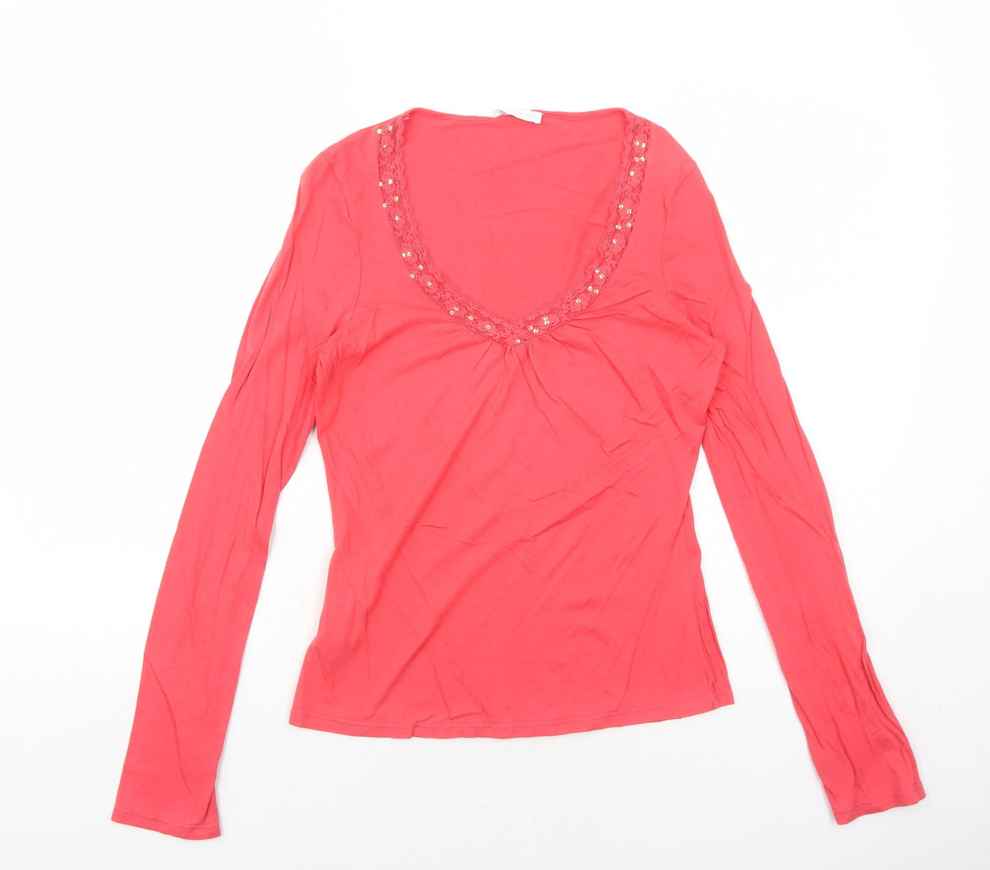 Promod Womens Red Cotton Basic T-Shirt Size M V-Neck