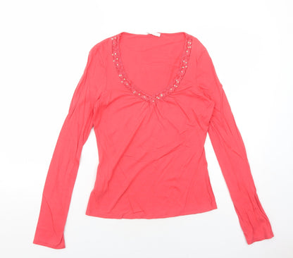 Promod Womens Red Cotton Basic T-Shirt Size M V-Neck