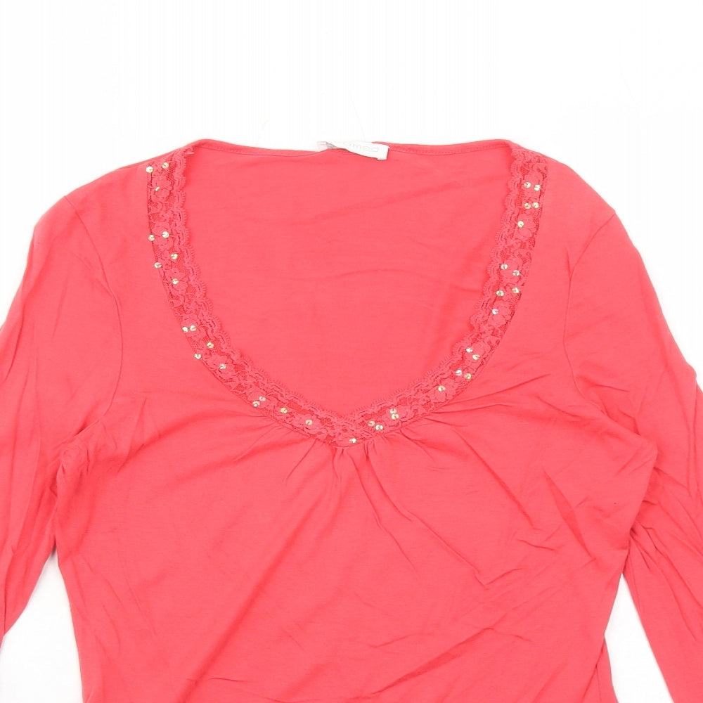 Promod Womens Red Cotton Basic T-Shirt Size M V-Neck