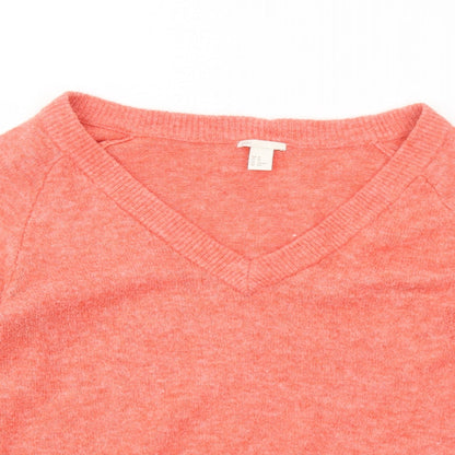 H&M Womens Orange V-Neck Herringbone Acrylic Pullover Jumper Size XS