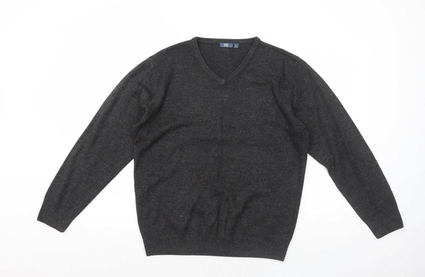 Easy Mens Grey V-Neck Acrylic Pullover Jumper Size L Long Sleeve