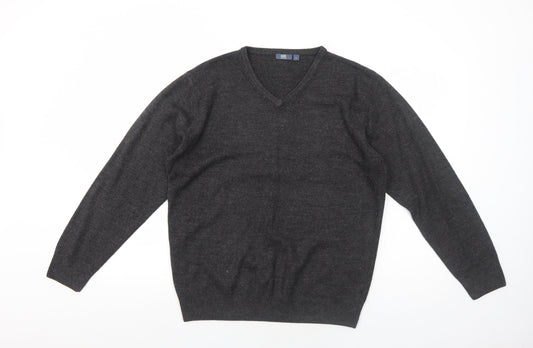 Easy Mens Grey V-Neck Acrylic Pullover Jumper Size L Long Sleeve